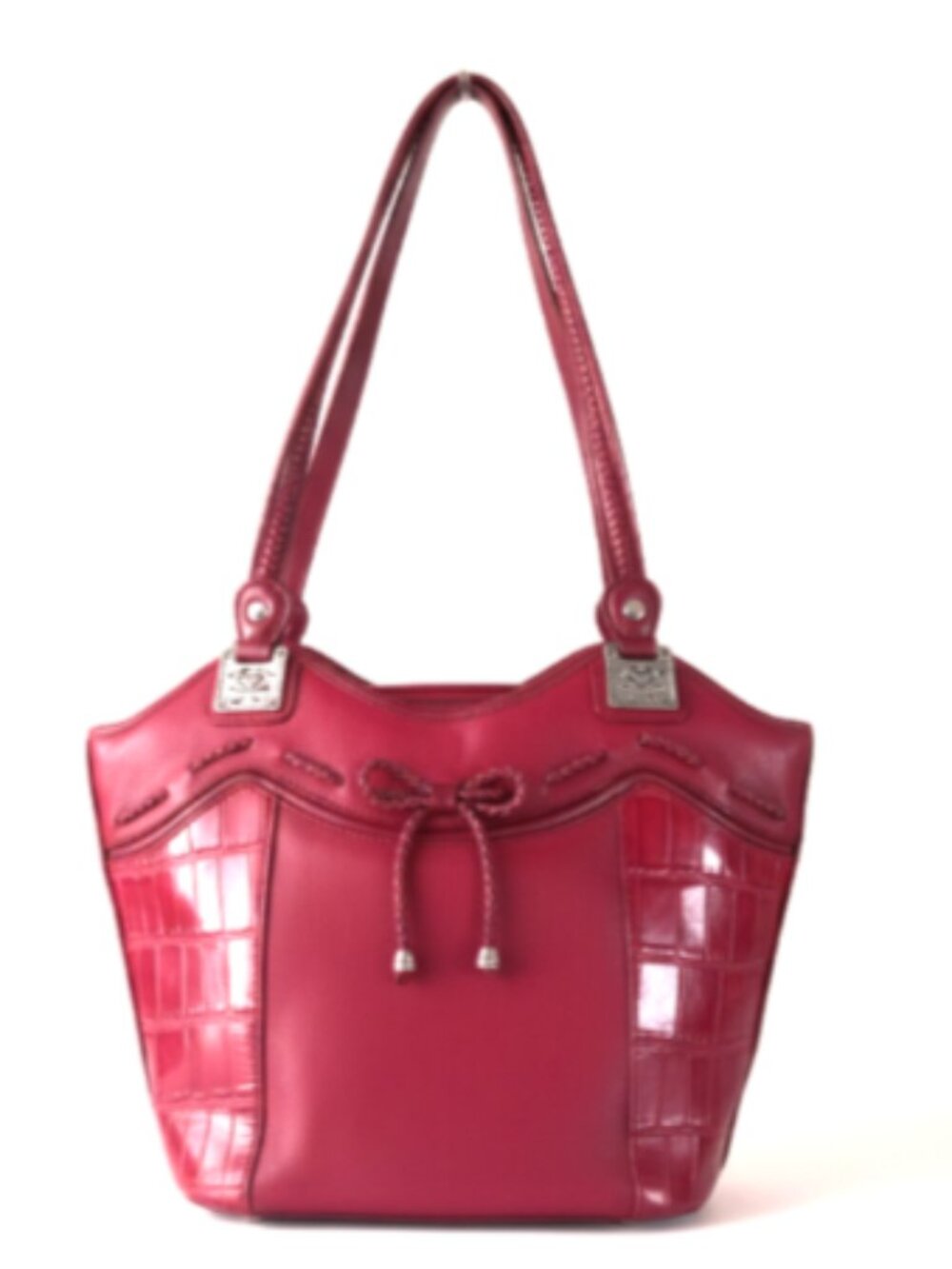 Red Leather Croc Embossed Shoulder Bag Silver Detail Structured Purse